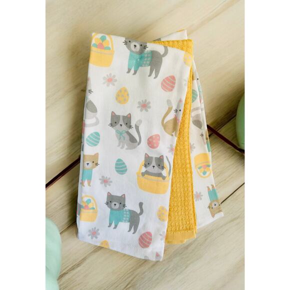 NWT Yellow Spring Easter Cats in Baskets Eggs Kittens 3 piece Kitchen Towel Set - Picture 2 of 4